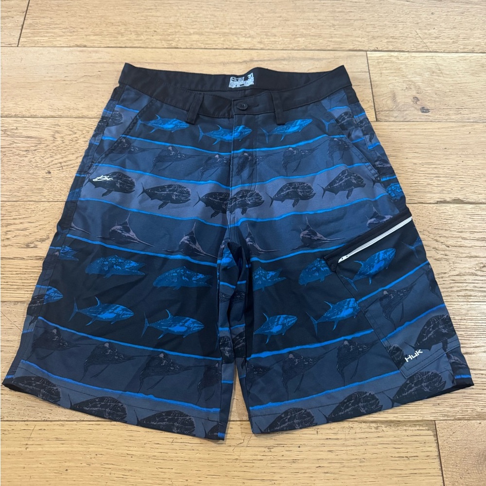 Huk Mens Fishing Shorts Blue Black Fish Print Pelagic Cargo Size 30